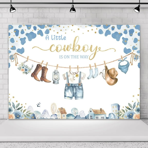 Blue Cowboy Baby Shower Backdrop for Photography Western Boys Cartoon Cute Cow Print Newborn Background Party Decorations Cake Table Banner Decor Photo Booth Studio Props