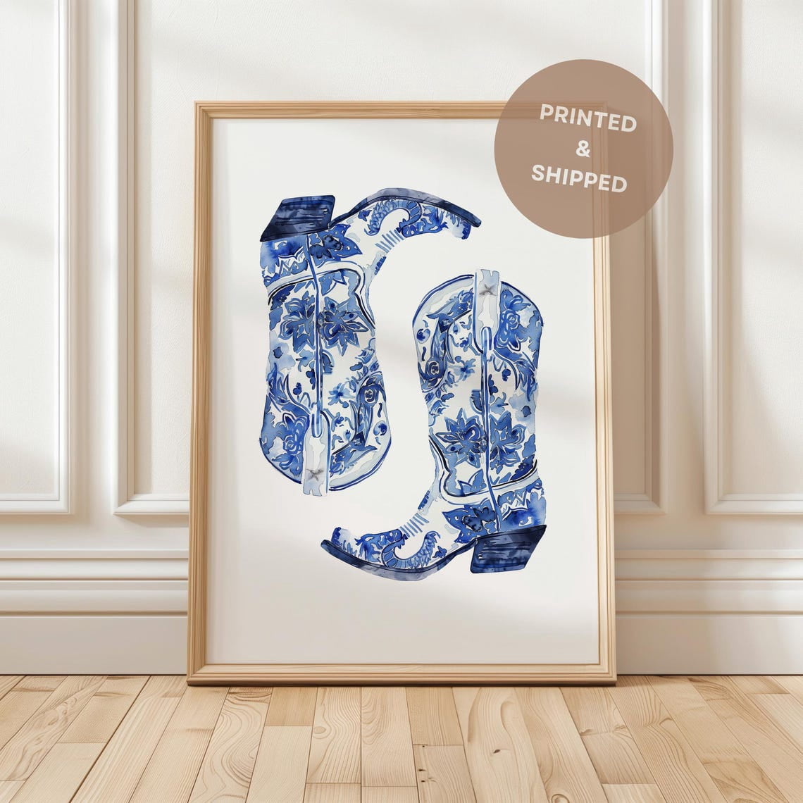 Blue Cowboy Boots Print Vintage Western Minimalist Southern Chinoiserie ...