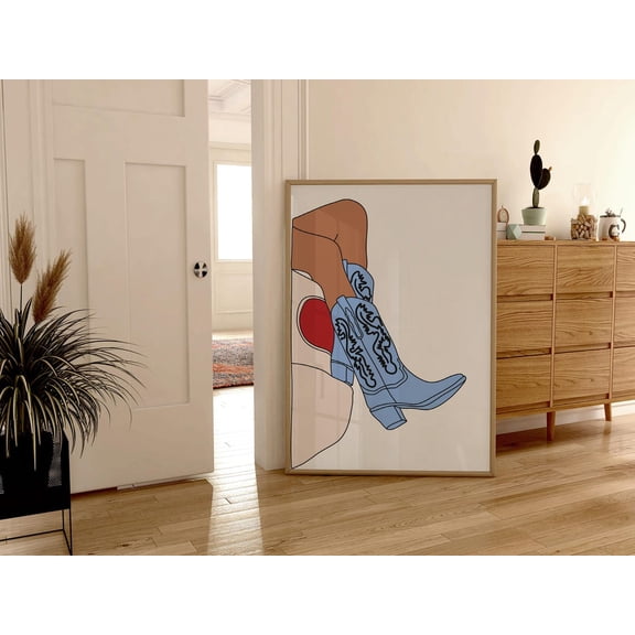 Blue Cowgirl Boots Illustration Boho Western Wall Art Decor, Unframed Paper Print Size 8x12