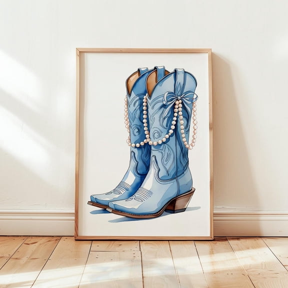 Blue Cowgirl Boots T-Shirt Coastal Boots And Pearls Western Howdy Coquette Dorm Tee, Unframed Canvas 16x20in