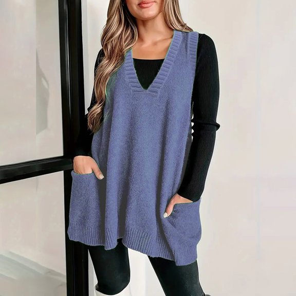 Blue Cozy Pocket Sweater Vest Women Womens Sleeveless Sweater Vest V Neck Loose Knit Casual Flattering Tunic Top