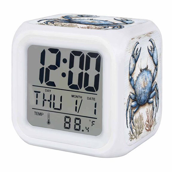 Blue Crab Alarm Clock, Ocean Coral Vintage Nautical Digital Clock Night Light with 7 Color, Calendar Temperature Display, LED Desk Small Clock for Bedrooms Bedside Living Room