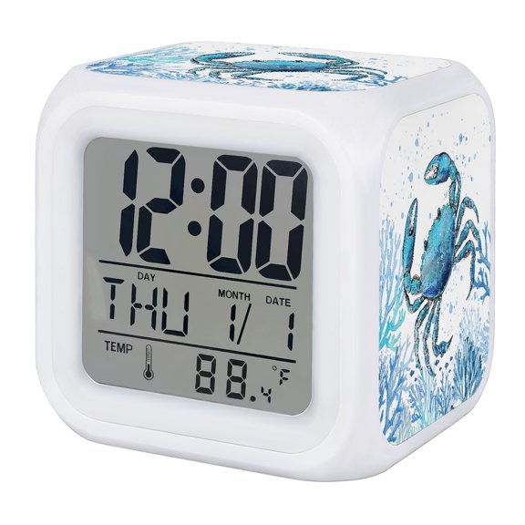 Blue Crab Alarm Clock, Watercolor Ocean Blue Coral Crab Fish Digital Clock Night Light with 7 Color, Calendar Temperature Display, LED Desk Small Clock for Bedrooms Bedside Living Room