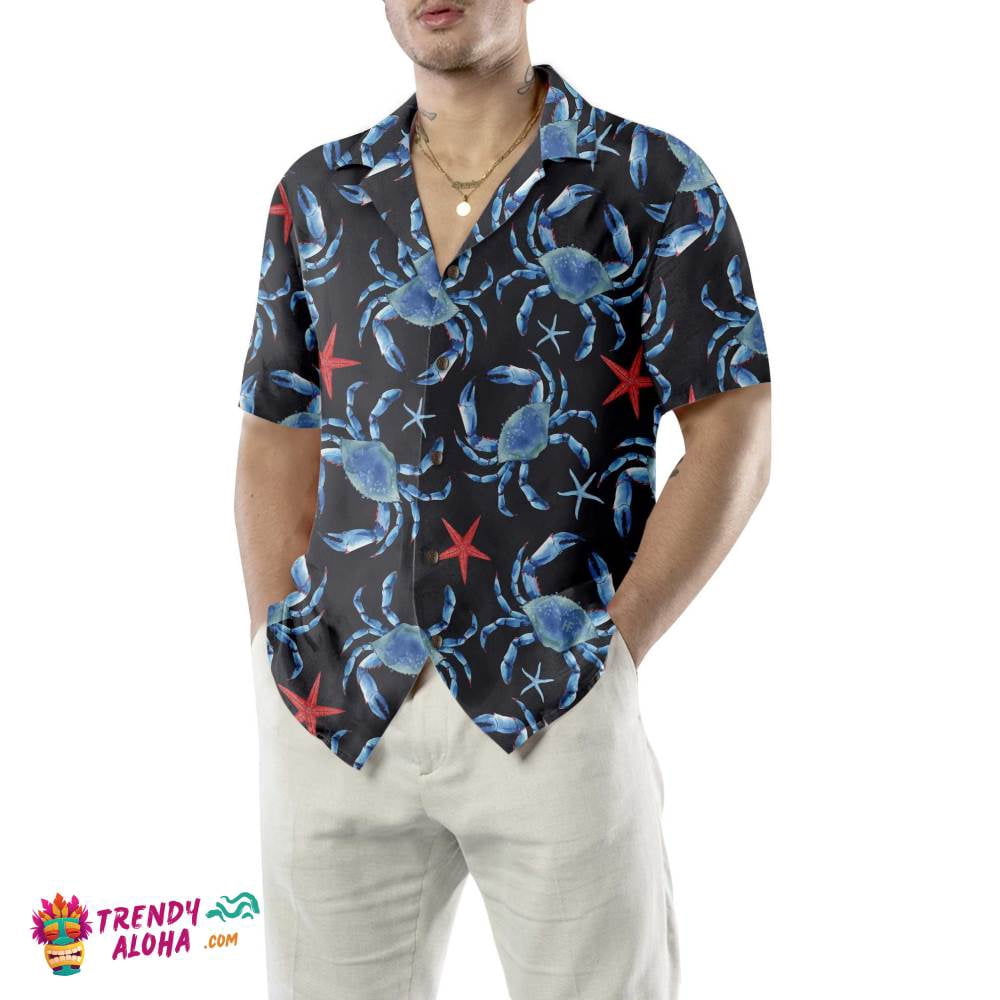 Blue Crab And Starfish Pattern Crab Hawaiian Shirt Blue Crab Shirt For ...