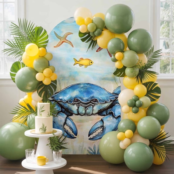 Blue Crab Arch Backdrop Cover, 5FT, Ocean Coral Starfish Fish Retro Spandex Arch Covers Double-Sided Backdrop for Wedding Birthday Party Photo Background Decoration