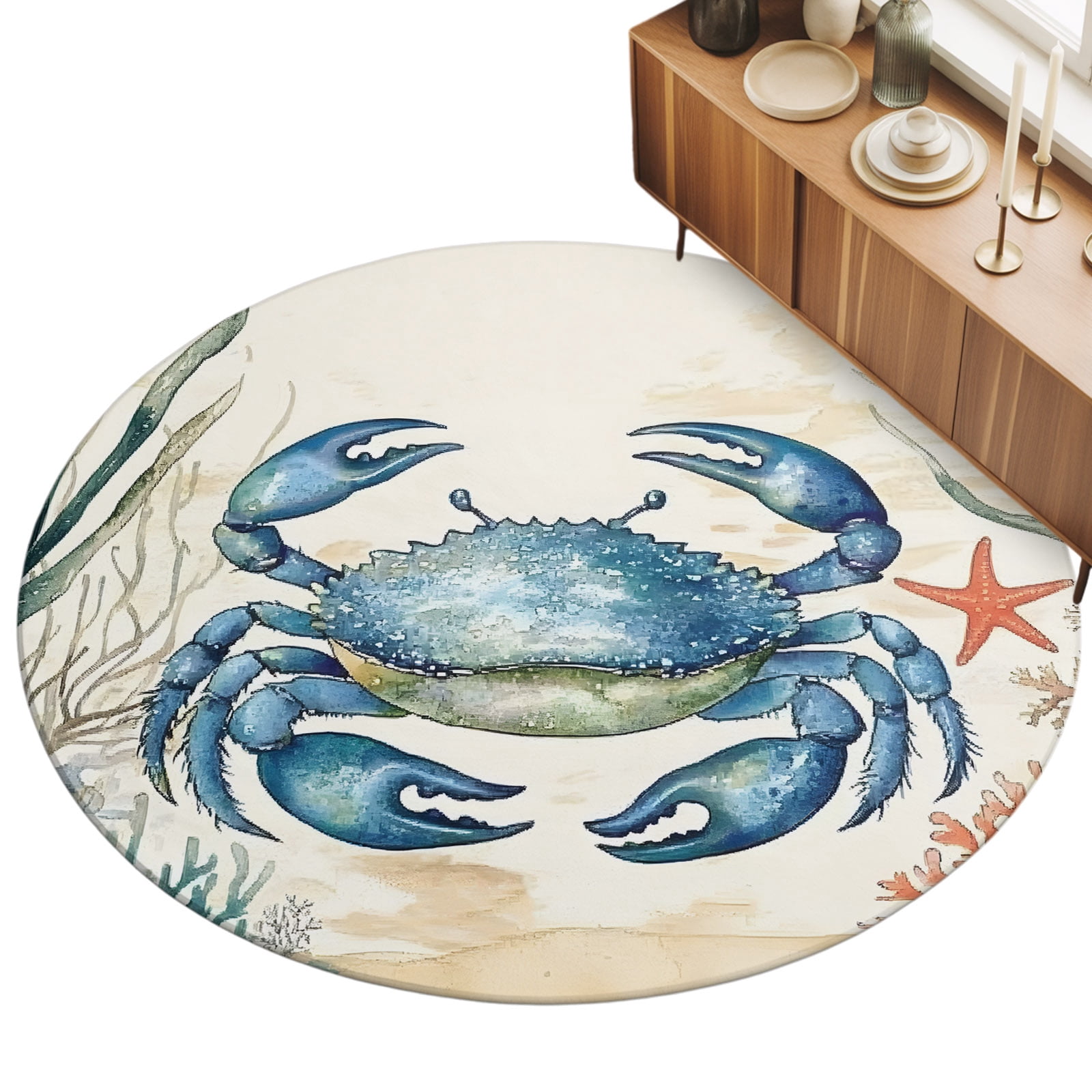 Blue Crab Area Rugs 5' (Round) Ocean Coral Starfish Floor Rug Non Slip ...
