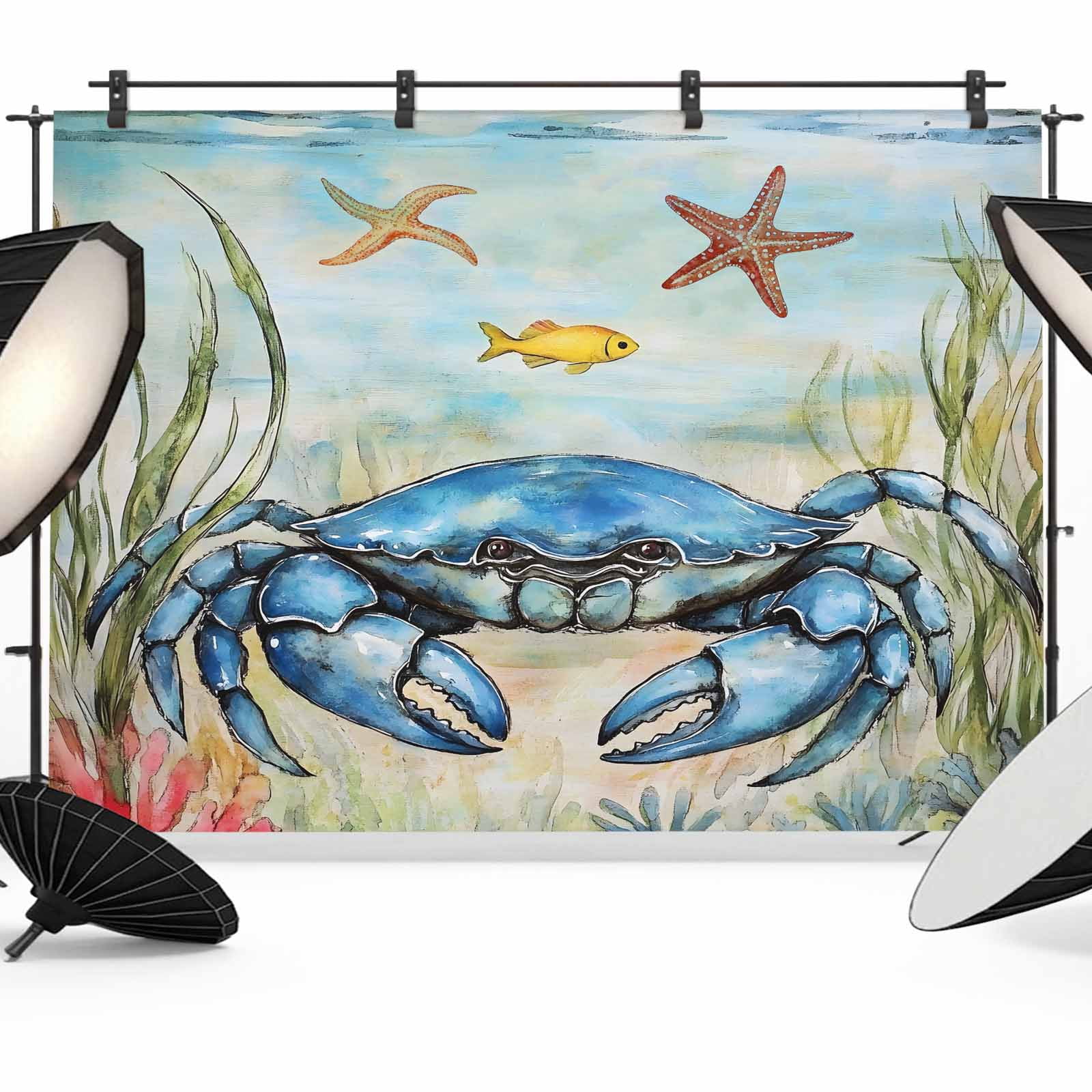 Blue Crab Backdrop for Photography, Ocean Coral Starfish Fish Retro ...
