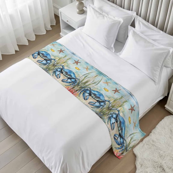 Blue Crab Bed Runner Scarf, Ocean Coral Starfish Fish Retro King Bed Scarf Runner, No Fading Decorative Bedding Scarf for Bedroom Hotels Homes and Guestrooms
