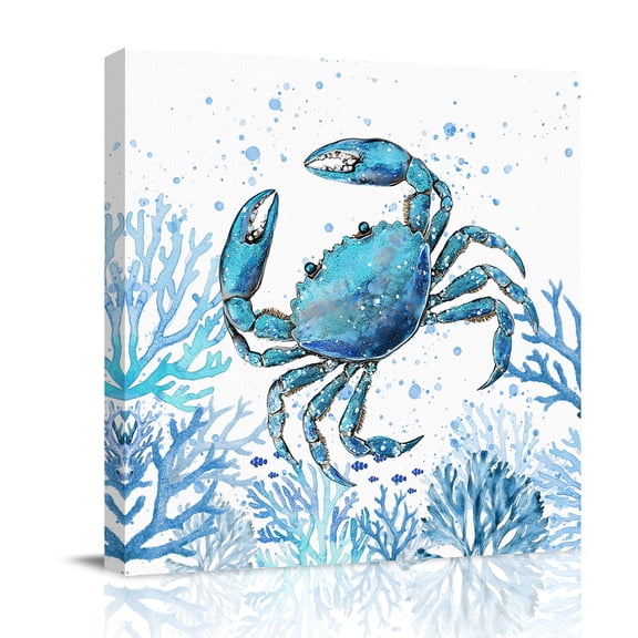 Blue Crab Canvas Wall Art for Living Room, Watercolor Ocean Blue Coral Crab Fish Poster Print Painting for Bedroom Office Home Decoration Wall Pictures Prepare To Hang 8"x8"