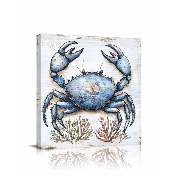 Blue Crab Canvas Wall Art, Ocean Coral Vintage Nautical Framed Wall Decor Modern Artwork Prints Painting for Living Room, Bedroom, Kitchen & Cafe Decor 28x28 Inch