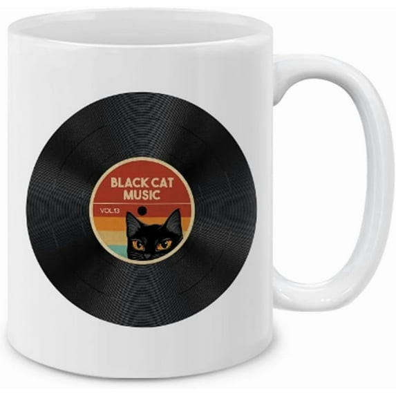 Ceramic Coffee Mug Tea Cup Black Cat Music Record Pattern Ceramic Mug for Cat Music Lover Mug Birthdays - 11 OZ