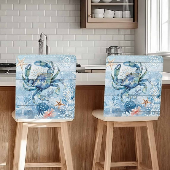 Blue Crab Chair Covers Set of 8 Ocean Coral Starfish Chair Back Covers Stretch Removable Washable Chairs Slipcovers Chair Protector for Dining Room Kitchen Party Decor