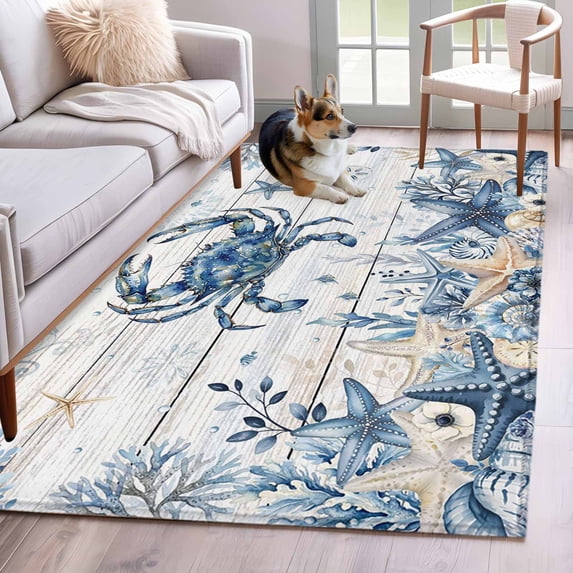 Blue Crab Coastal Area Rugs 2.7'x5', Washable Small Throw Rugs for Kitchen Bedroom, Beach Starfish Nautical Coral Retro Indoor Outdoor Rug Non-Slip Low Pile Carpet Runner Reversible Floor Mats