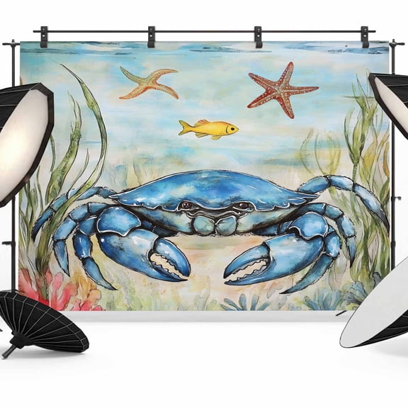 Blue Crab Coastal Backdrop for Photography,Fabric Photo Background Backdrop,Nautical Starfish Beach Ocean Coral Photo Booth Background for Portrait Photoshoot Video Wedding Studio Decor Banner 12x8ft