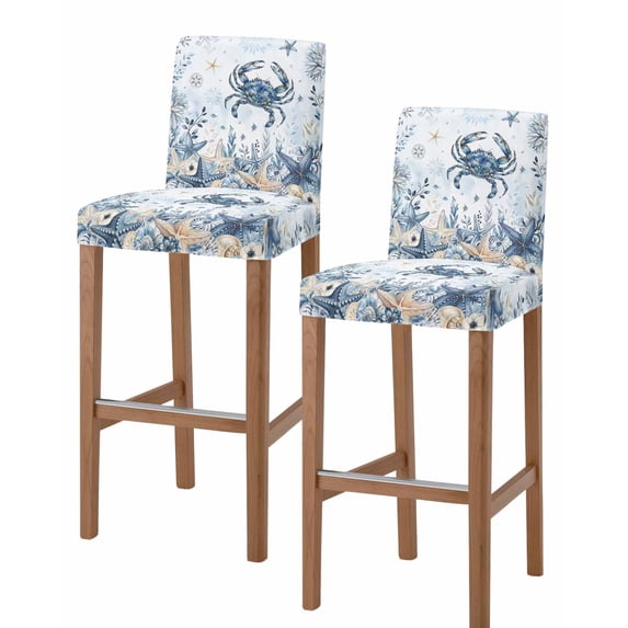 Blue Crab Coastal Bar Stool Covers Set of 2, Beach Starfish Nautical Coral Ombre Stretch Washable Bar Chair Covers with Backs, Removable Pub Counter Height Chair Cover for Kitchen Dining Room Cafe