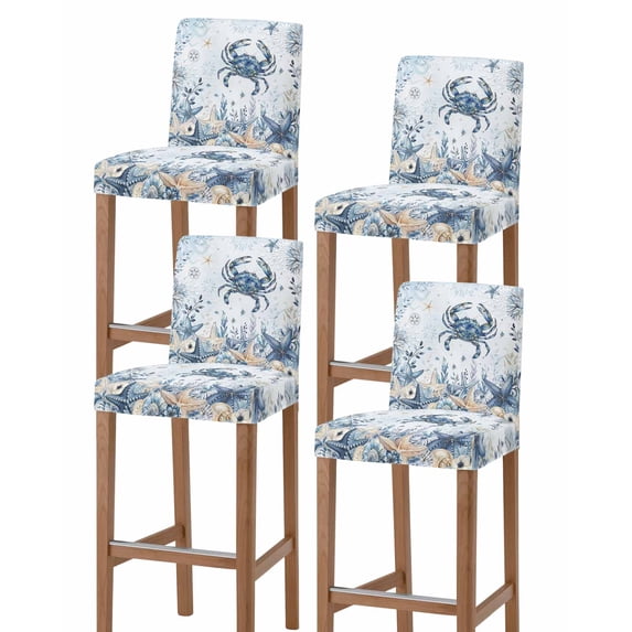 Blue Crab Coastal Bar Stool Covers Set of 4, Beach Starfish Nautical Coral Botanical Stretch Bar Chair Covers with Backs, Removable Pub Counter Height Chair Cover for Kitchen Dining Room Cafe