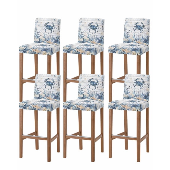 Blue Crab Coastal Bar Stool Covers Set of 6, Beach Starfish Nautical Coral Retro Stretch Washable Bar Chair Covers with Backs, Removable Pub Counter Height Chair Cover for Kitchen Dining Room Cafe