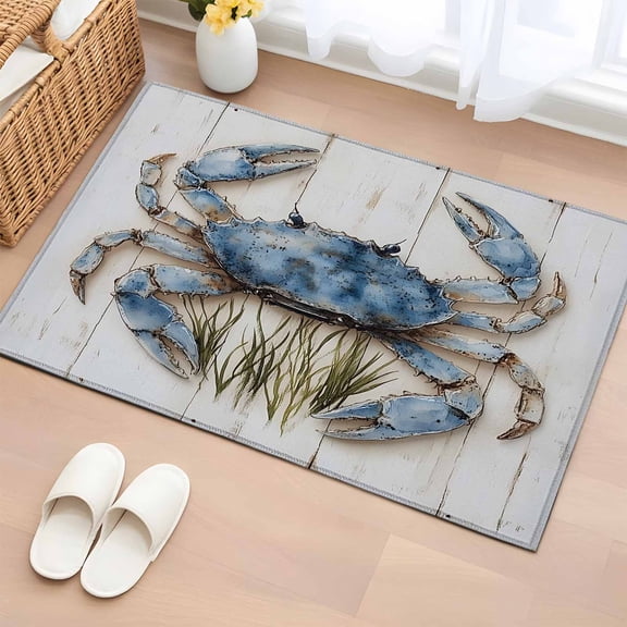 Blue Crab Coastal Bathroom Mats 2x3 FT, Non Slip Small Kitchen Mat, Vintage Beach Nautical Coral Sea Washable Soft Backed Front Door Throw Rugs Non-Shedding Indoor Outdoor Doormat for Entryway Sink