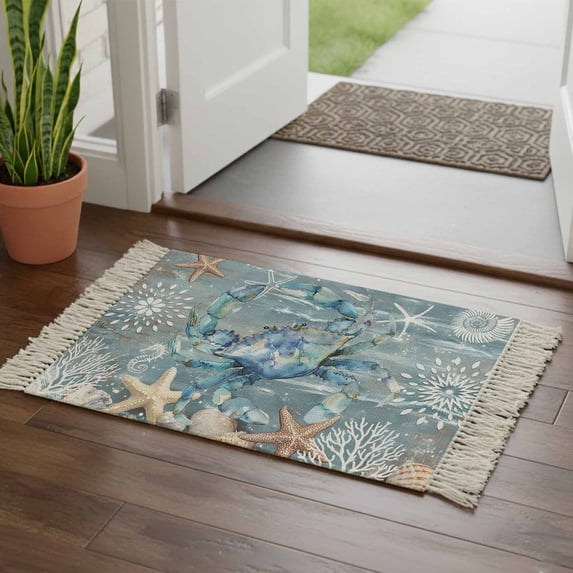 Blue Crab Coastal Bathroom Rug 2'x3', Summer Beach Nautical Starfish Coral Low Profile Front Entryway Rug with Tassels, Woven Cotton Washable Kitchen Mat Carpet for Foyer Bedroom Back Door Decor