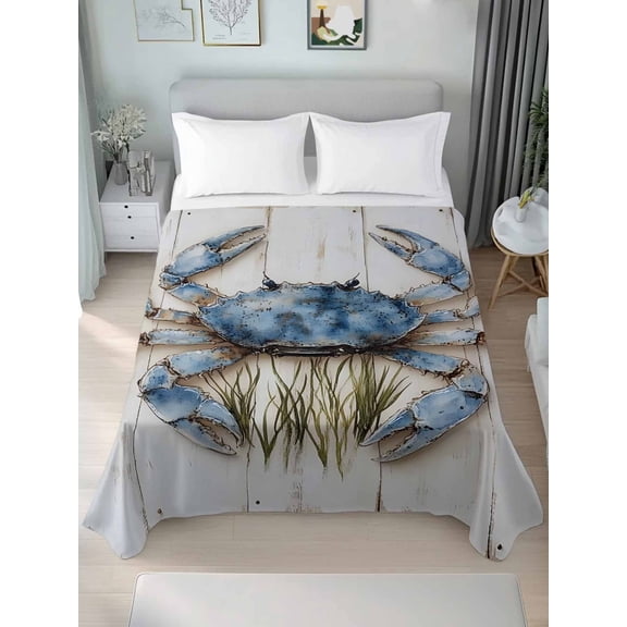 Blue Crab Coastal California King Size Flat Sheet, Wrinkleproof & Fadeproof Cooling Flat Bed Sheet Only, Vintage Beach Nautical Coral Sea Breathable Soft Bedding Top Sheets 108 x 98 Inches