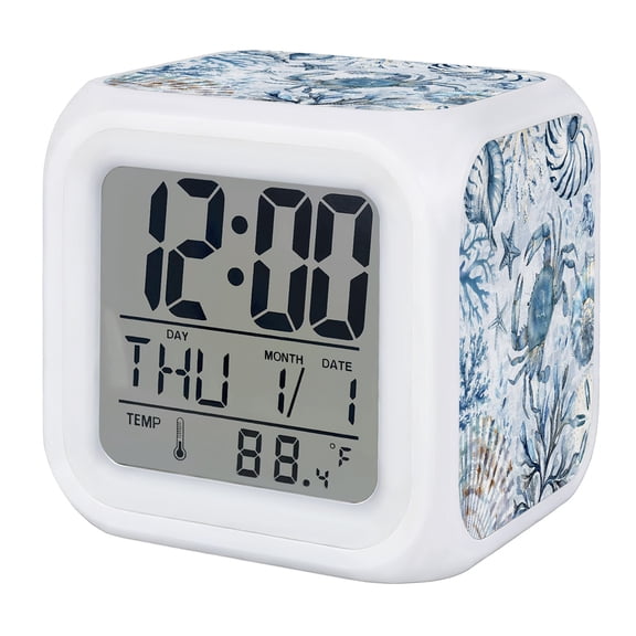Blue Crab Coastal Digital Alarm Clock for Bedrooms, Smart LED Alarm Clock with 7 Color Changing Night Light, Summer Beach Coral Conch Shell Silent Wake Up Clocks for Sleep Study Cooking 3.2"x3.2"
