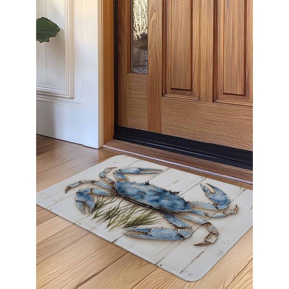Blue Crab Coastal Door Mat Indoor Outdoor Entrance, Non Slip Small Rug for Kitchen Bathroom Entryway Rug, Vintage Beach Nautical Coral Sea Washable Doormat Floor Mat for Office 16x24 Inch