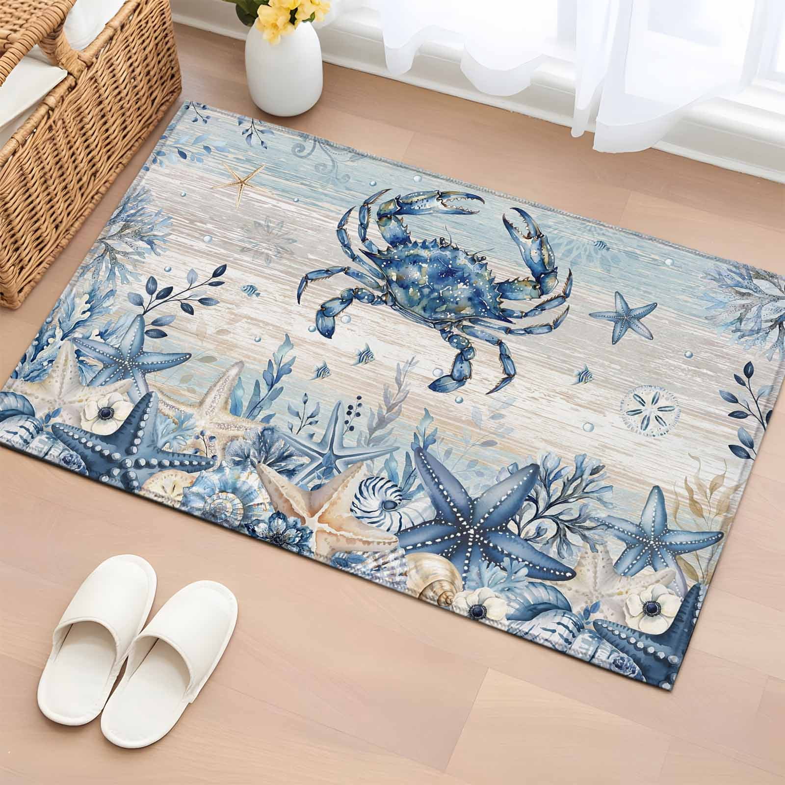 Blue Crab Coastal Entryway Rug 2'x3' Non Slip Front Door Mats, Beach ...