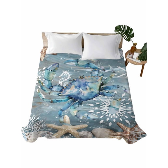 Blue Crab Coastal Flat Sheets Only Queen Size, Soft Breathable Bed Top Sheets for Mattress, Summer Beach Nautical Starfish Coral Luxury Bedding Flat Sheets for Home Hotel Bedroom Bed Protection