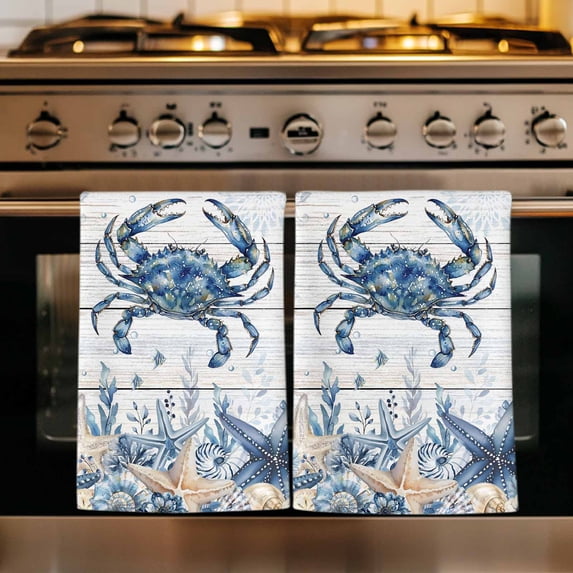 Blue Crab Coastal Kitchen Towels Set of 1, Beach Starfish Nautical Coral Retro Absorbent Dish Towels for Kitchen, Microfiber Hand Towel, Quick Drying Tea Towel for Cleaning Decorative Dishcloths