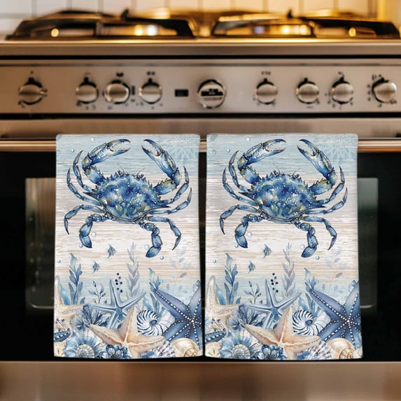Blue Crab Coastal Kitchen Towels Set of 2, Beach Starfish Nautical Coral Vintage Absorbent Dish Towels for Kitchen, Microfiber Hand Towel, Quick Drying Tea Towel for Cleaning Decorative Dishcloths
