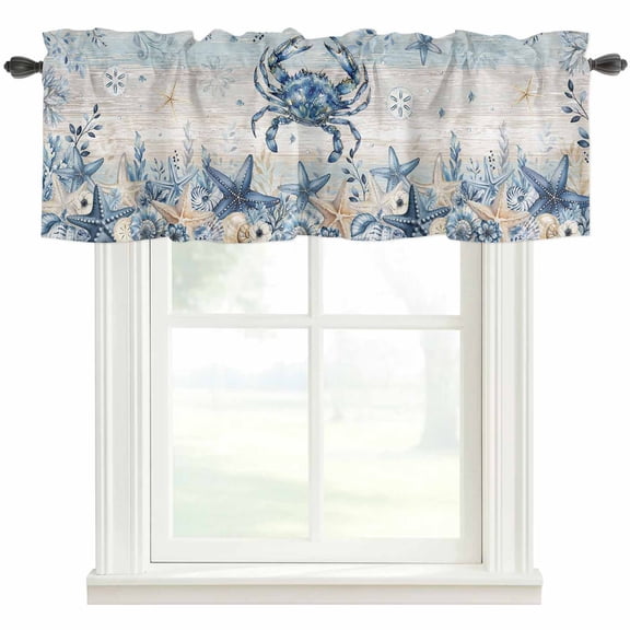 Blue Crab Coastal Kitchen Valances for Windows, Beach Starfish Nautical Coral Vintage Bathroom Window Valances 42x12 Inch Rod Pocket Window Treatments Valance Curtains for Living Room Bedroom Decor
