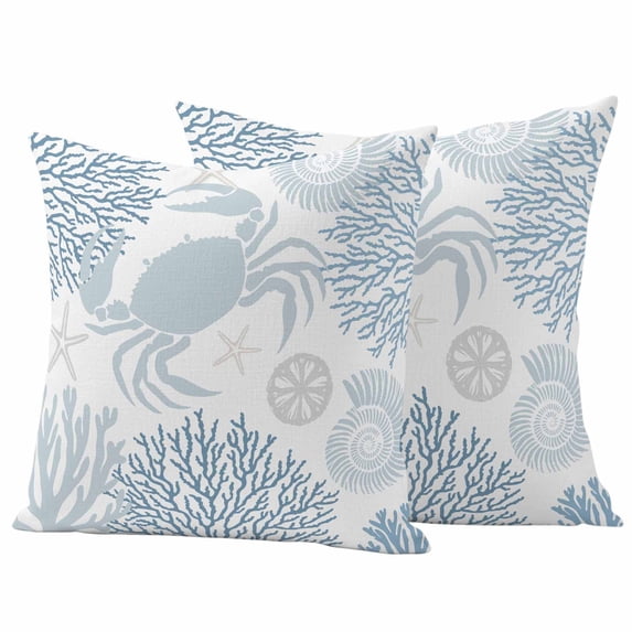 Blue Crab Coastal Outdoor Waterproof Pillow Covers, Summer Coral Nautical Decorative Square Throw Pillowcase Sofa Cushion Sham for Patio/Couch/Chair, 16"x16" 2 Pack