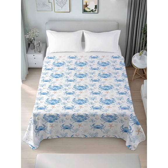 Blue Crab Coastal Queen Size Flat Sheet, Wrinkleproof & Fadeproof Cooling Flat Bed Sheet Only, Summer Beach Nautical Coral Starfish Breathable Soft Bedding Top Sheets 90 x 102 Inches