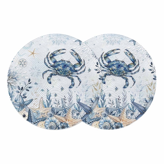 Blue Crab Coastal Round 13 Inch Placemats Set of 2, Beach Starfish Nautical Coral Botanical HeatResistant Non Slip Place Mats for Dining Table, Wipeable Braided Kitchen Table Mats for Housewarming