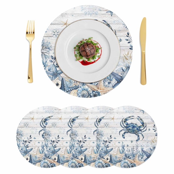 Blue Crab Coastal Round 13 Inch Placemats Set of 4, Beach Starfish Nautical Coral Retro HeatResistant Non Slip Place Mats for Dining Table, Wipeable Braided Kitchen Table Mats for Housewarming