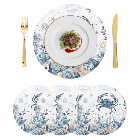Blue Crab Coastal Round 15 Inch Placemats Set of 4, Beach Starfish Nautical Coral Shell HeatResistant Non Slip Place Mats for Dining Table, Wipeable Braided Kitchen Table Mats for Housewarming