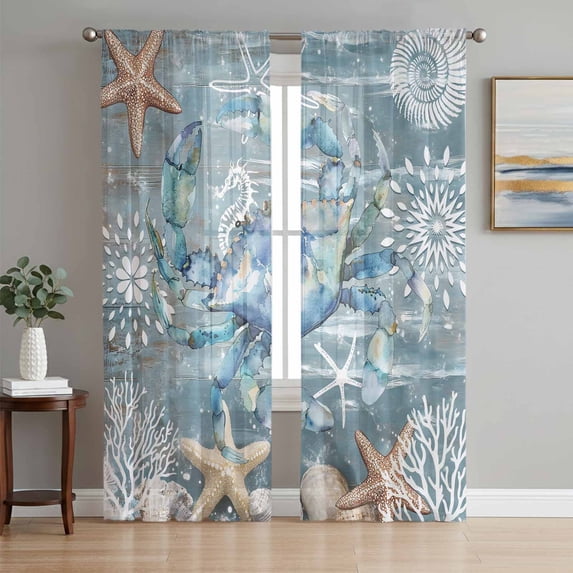 Blue Crab Coastal Semi Sheer Window Curtains 63 Inches Long, Summer Beach Nautical Starfish Coral Rod Pocket Voile Silky Chiffon Curtain Light Filtering Drapes for Living Room, 52"x63", 2 Panels