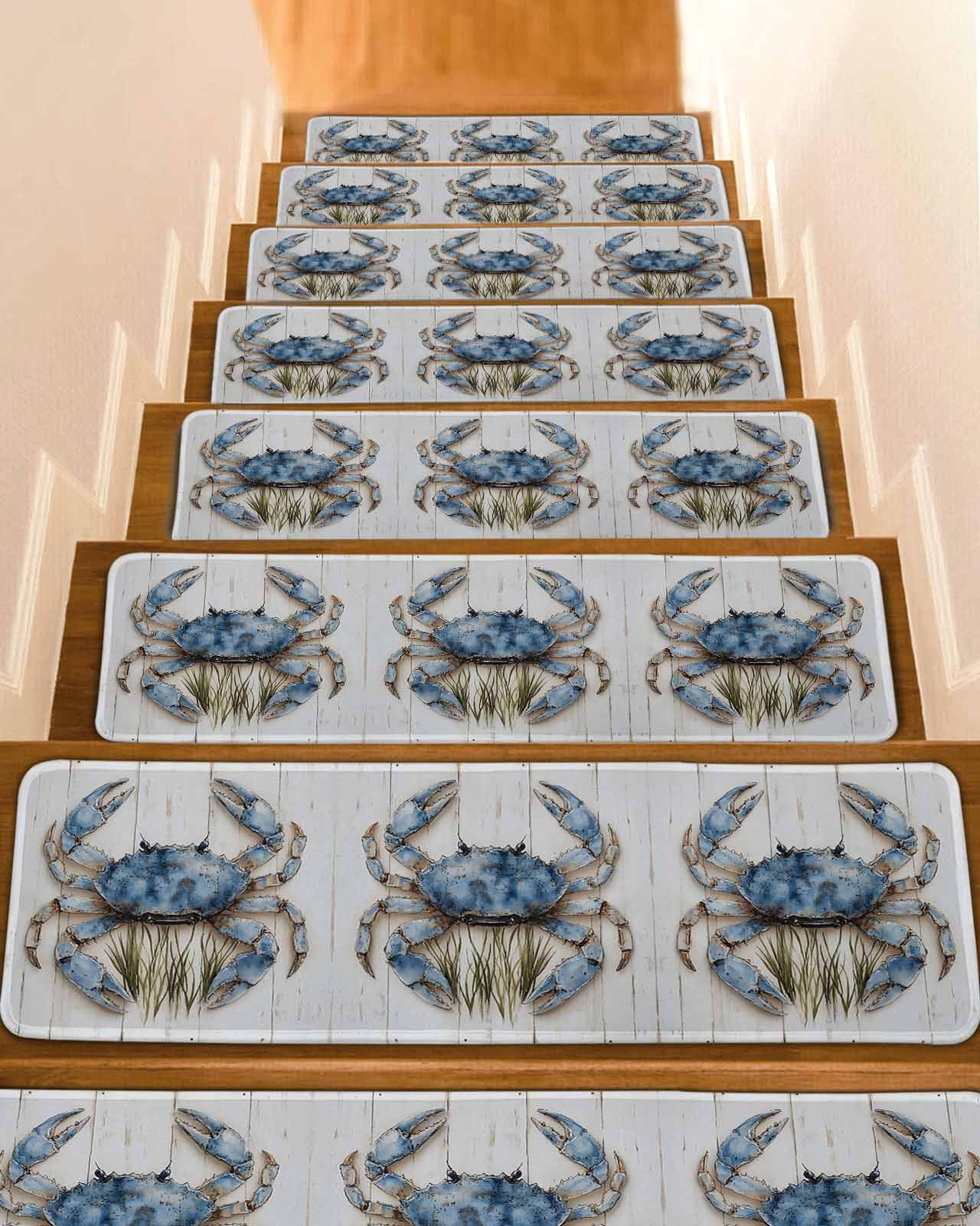 Blue Crab Coastal Stair Treads for Wooden Steps Indoor Runner Rug ...