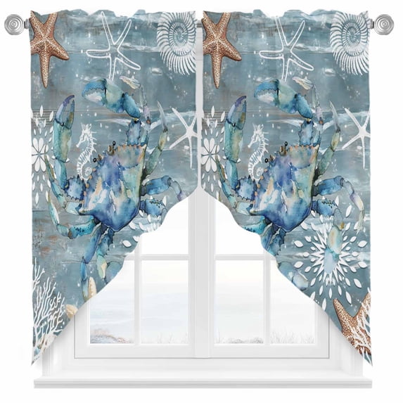 Blue Crab Coastal Swag Curtains Valance For Kitchen Windows, Summer Beach Nautical Starfish Coral Wide Rod Pocket Curtain Drapes, Bathroom Cafe Living Room Light Filtering Drapery Panels, 72"W x 63"H