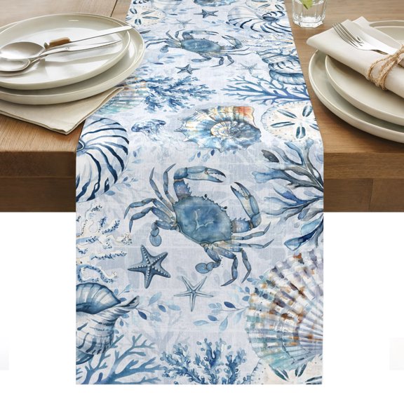 Blue Crab Coastal Table Runner Summer Beach Coral Conch Shell Tablerunners 13 x 70 Inch, Table Decorations Tabletop Scarf for Summer Gathering Holiday Farmhouse Kitchen Dining Decor