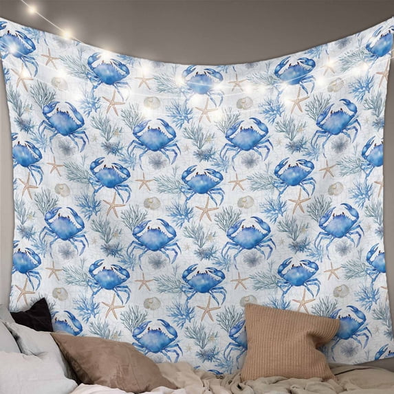 Blue Crab Coastal Tapestry for Bedroom Wall Hanging Tapestry, Summer Beach Nautical Starfish Ceiling Backdrop Tapestries Poster Blanket Wall Decor for Teens Room Living Room Dorm 39" x 59"
