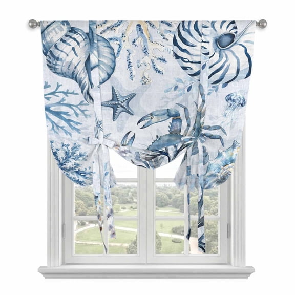 Blue Crab Coastal Tie Up Curtains for Kitchen Windows,Adjustable Rod Pocket Valance 45 Inch Short, Summer Beach Coral Conch Shell Window Treatment Balloon Roman Blind Shade, 52" x 45"