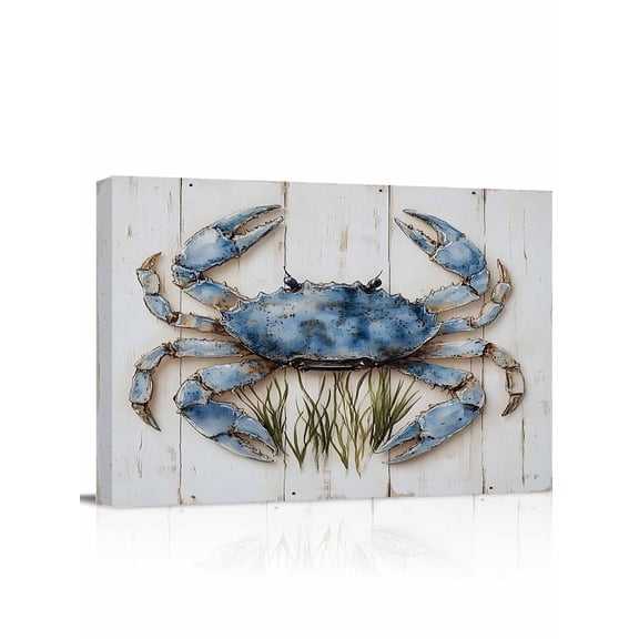 Blue Crab Coastal Wall Art for Living Room,Canvas Picture Wall Decor for Bathroom Bedroom,Vintage Beach Nautical Coral Sea Painting Artwork for Office Kitchen Hallway Dining Room Home Decor 12"x16"