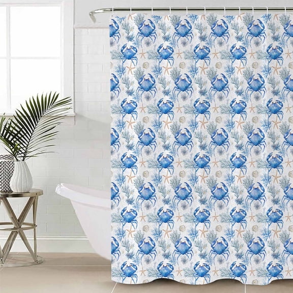 Blue Crab Coastal Waterproof Fabric Shower Curtain, Summer Beach Nautical Starfish Shower Curtain for Bathroom Curtains Bathtubs Hotel Washable Shower Curtains with 12 Hooks Stall 54x78in