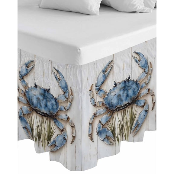 Blue Crab Coastal Wrap Around Bed Skirts for Queen Bed 16" Drop,Bed Skirt with Adjustable Elastic Belt Dust Ruffle Bed Valance for Bedroom Hotel Vintage Beach Nautical Coral Sea Bed Frame Cover