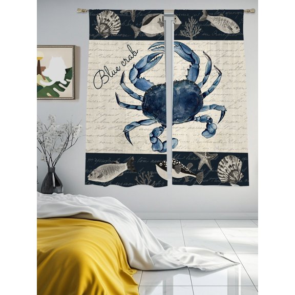Blue Crab Fish Shell Ocean Life Chiffon Sheer Curtains 63 Inches Long Summer Nautical Retro Words Rod Pocket Window Curtains Voile Drapes Curtains for Living Room Bedroom,2 Panels