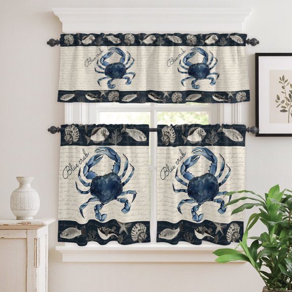 Blue Crab Fish Shell Ocean Life Curtain Tier and Valance Set 3 Piece,Summer Nautical Retro Words 3-inch Rod Pocket Window Tier Curtains Valance for Kitchen Living Room