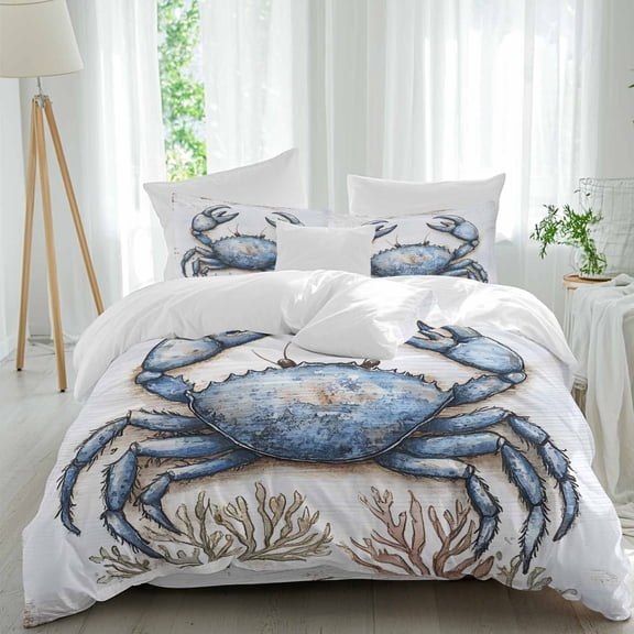 Blue Crab Full Size Comforter Set, Ocean Coral Vintage Nautical Bedding for All Seasons, 4 Pcs Bed Set, 1Quiltcover (86"x86") ,1Sheet(80"x116"), 2Pillowcases (30"x20")