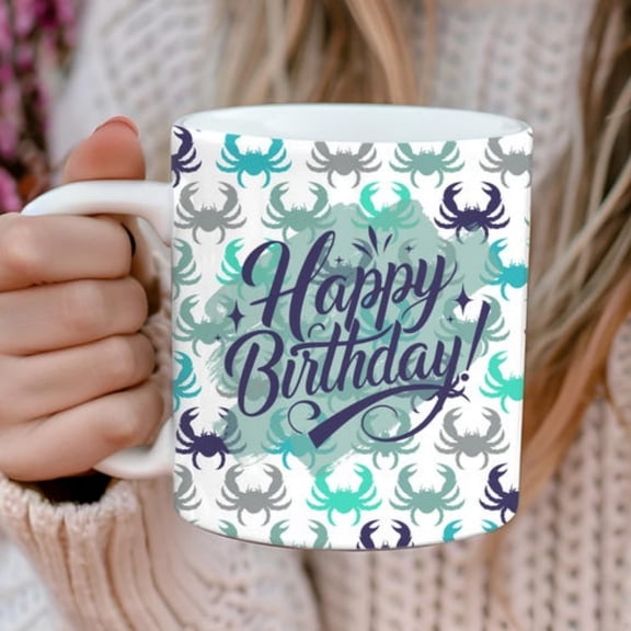 Blue Crab Happy Birthday Ceramic Mug, Nautil Sea Creature Cup, Ocean Lover Gift, Coastal Kitchen Dr, Marine Gift, Crab Theme Gift.