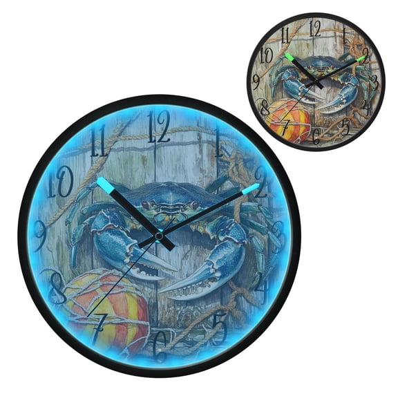 Blue Crab Luminous Wall Clock with Sound-Activated LED 12-Inch Silent Acrylic Timepiece for Bedroom Livingroom or Office